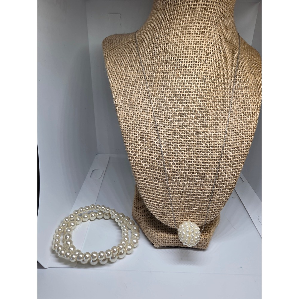 Pearl Necklace Bracelet Set Faux Pearl Ball Pendant Jewelry Set Women - Picture 3 of 3